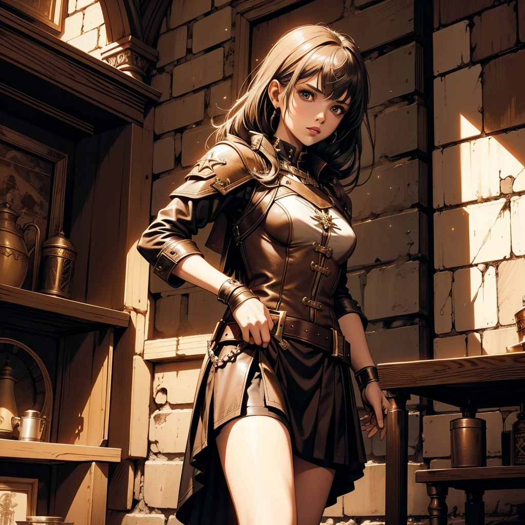 最high quality、high quality、Leather clothing and skirts、10Year-old girl adventurer、Climb the dungeon stairs、Equipped with a dagger and a leather shield、Inside the dim labyrinth