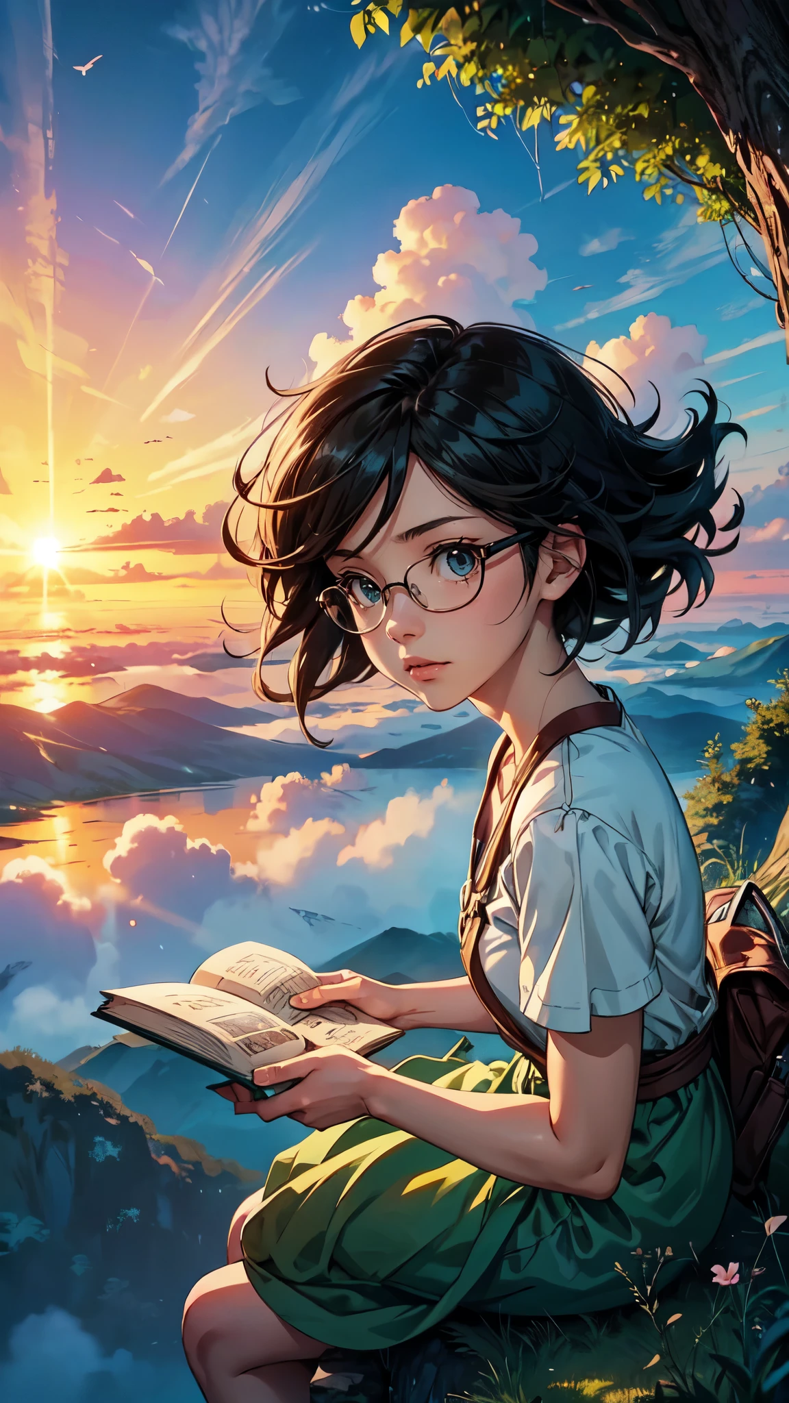shinkai Mokoto and Ghibli anime style, from behind,above the cloud,a girl in adventure outfit sitting on a mossy stage looking at the majestic lost city and the giant world tree next to it, lost city above the cloud and towering sky, magical glowing partical, vibrant dreamy colorful sky and fluffy clouds, books, apple, glasses, calm,petal,wind blowing hair,sun shine, detailed face, detailed yes, detailed hands