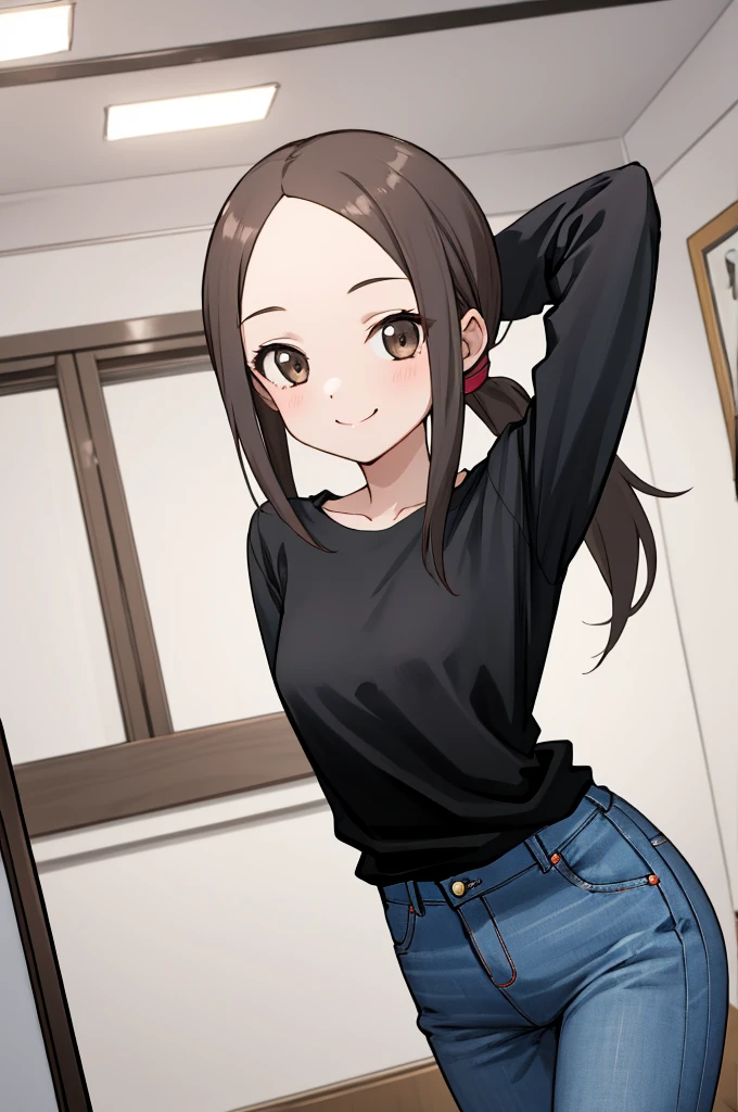 masterpiece, best quality, ultra highres, 1girl, ), long hair, low ponytail, , plain black shirt, long sleeves, long blue pants, jeans, indoors, 
skinny arms, slim body, skinny girl, skinny hips, narrow torso, thin torso,looking viewr,smile,small breasts