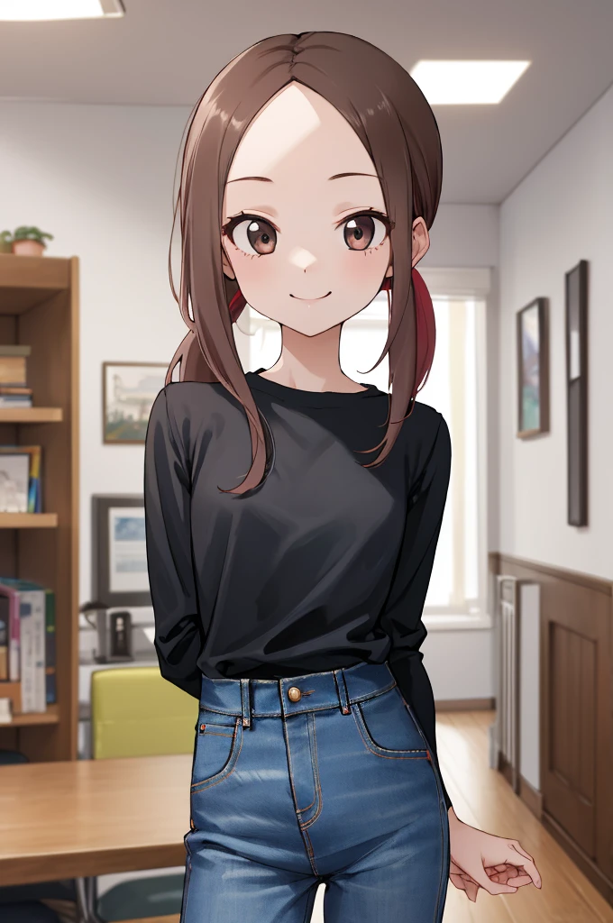 masterpiece, best quality, ultra highres, 1girl, ), long hair, low ponytail, , plain black shirt, long sleeves, long blue pants, jeans, indoors,
skinny arms, slim body, skinny girl, skinny hips, narrow torso, thin torso,looking viewr,smile,small breasts