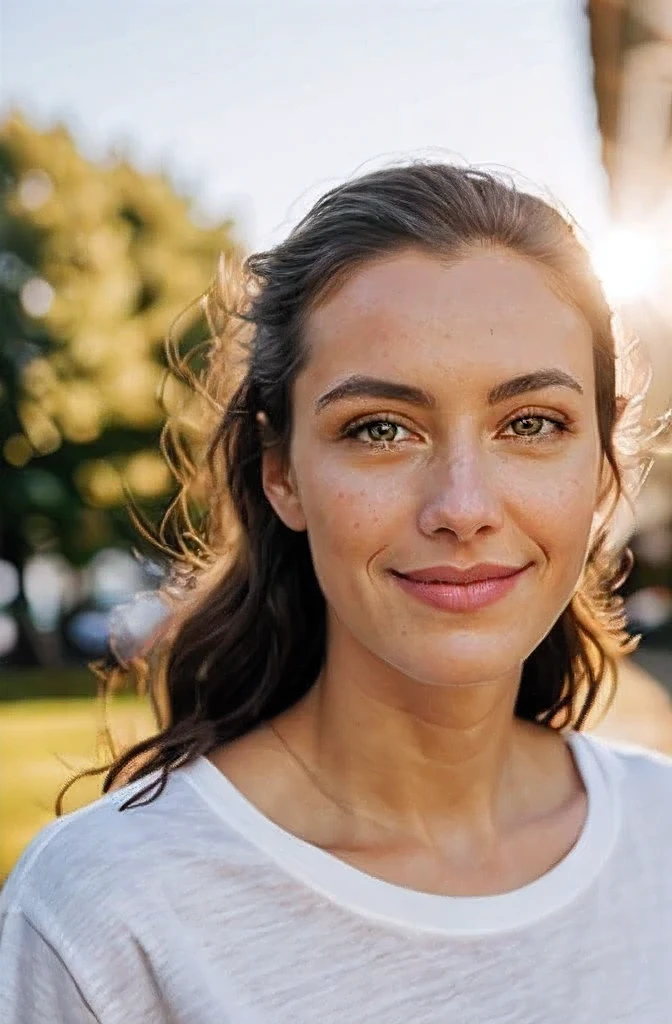 A photorealistic portrait of a 29-year-old Argentinian girl with long sultry dark brown hair and piercing green eyes, and full but natural lips. Oval shaped face with defined cheek bones and a jawline reduced by 10%. Wearing a white t-shirt. She should have a natural, approachable expression such as a smile and be illuminated by soft, golden-hour sunlight. The background should be a scenic outdoor setting, with a lot of trees. Capture this image with a high-resolution photograph using an 85mm lens for a flattering perspective.