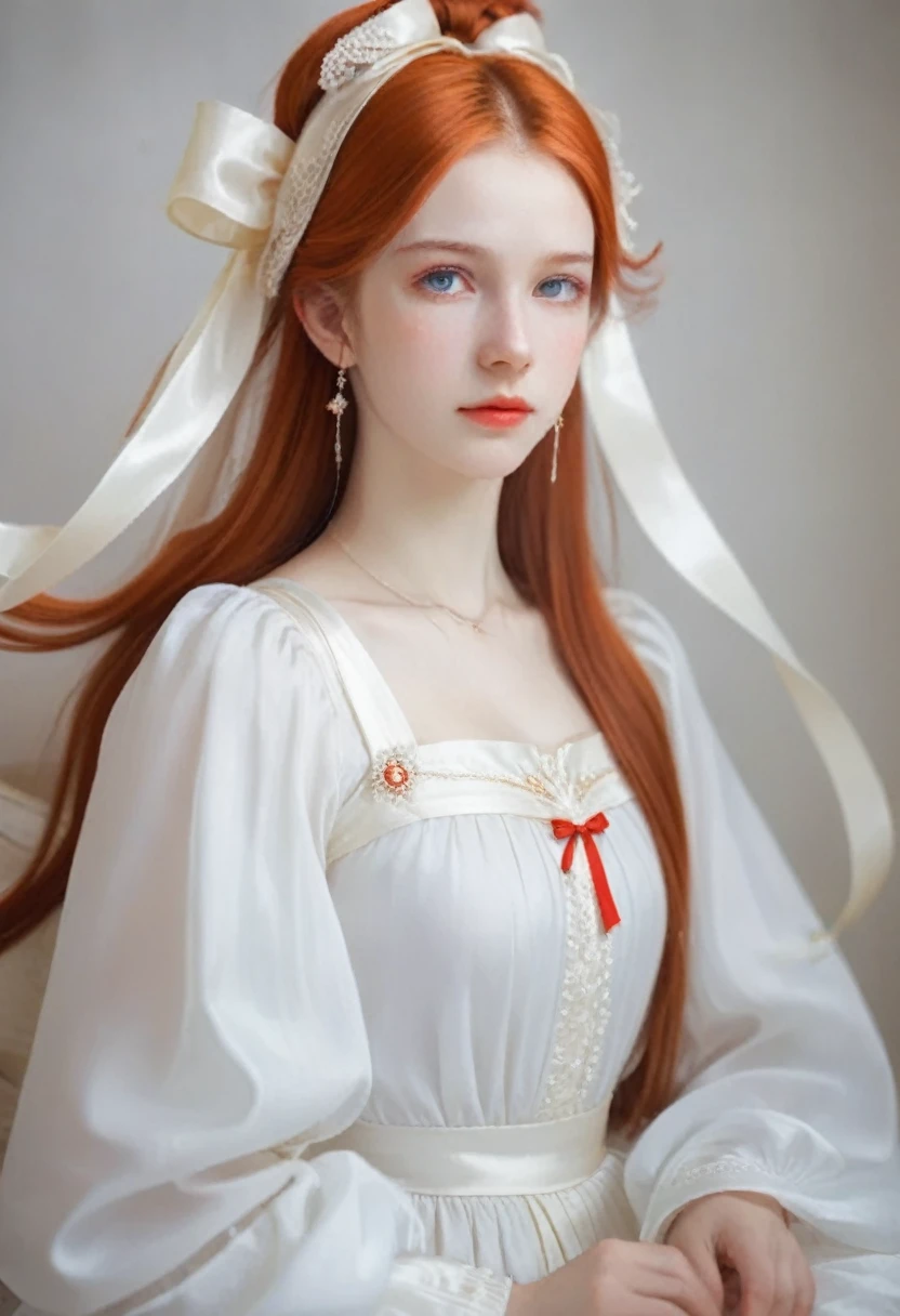 A girl with long hair and have white colour, she have a red eyes. And always wear a white dress like old dress like netherlands dress, have a ribbon in her hair. Elegant and beutiful