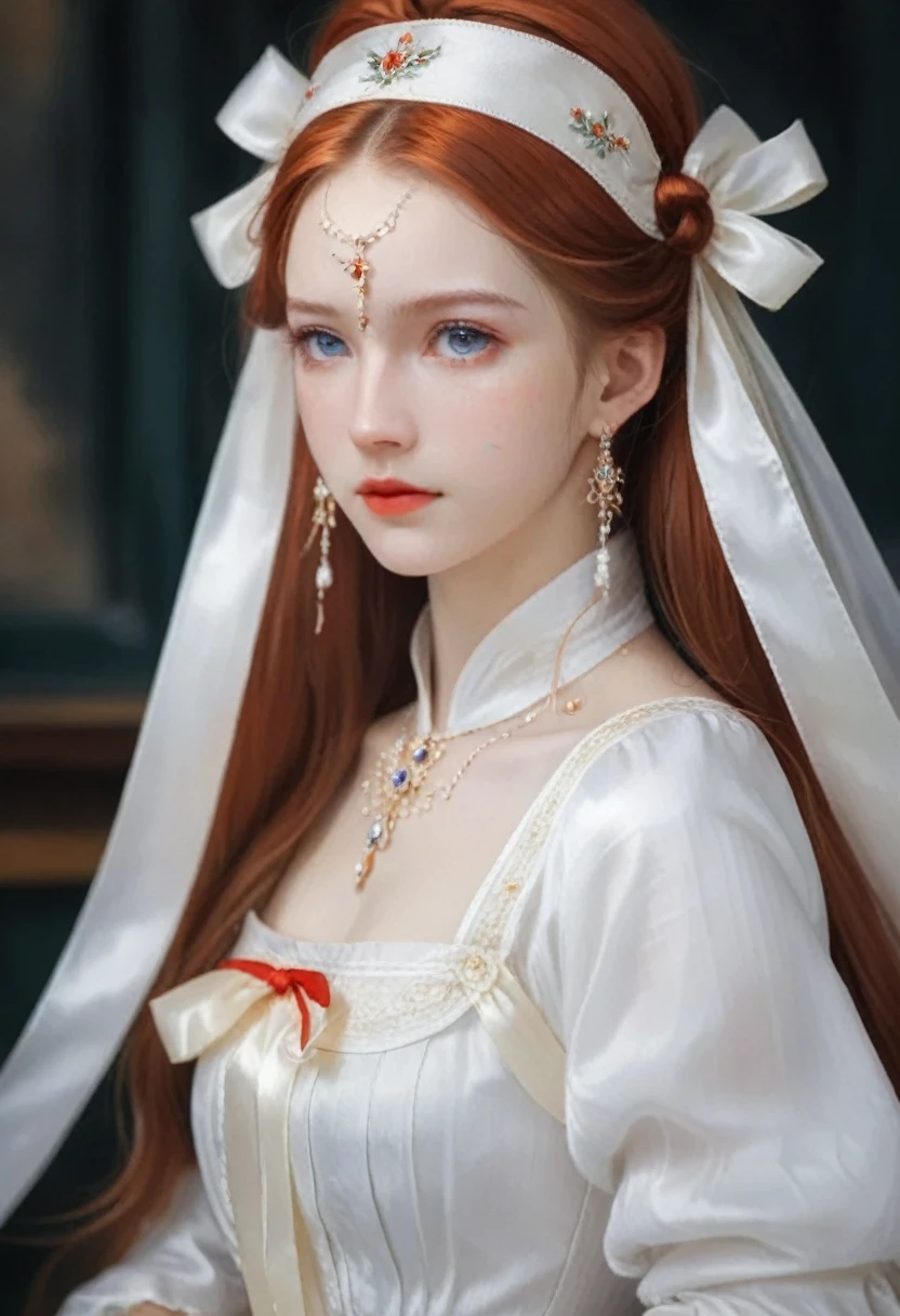 A girl with long hair and have white colour, she have a red eyes. And always wear a white dress like old dress like netherlands dress, have a ribbon in her hair. Elegant and beutiful