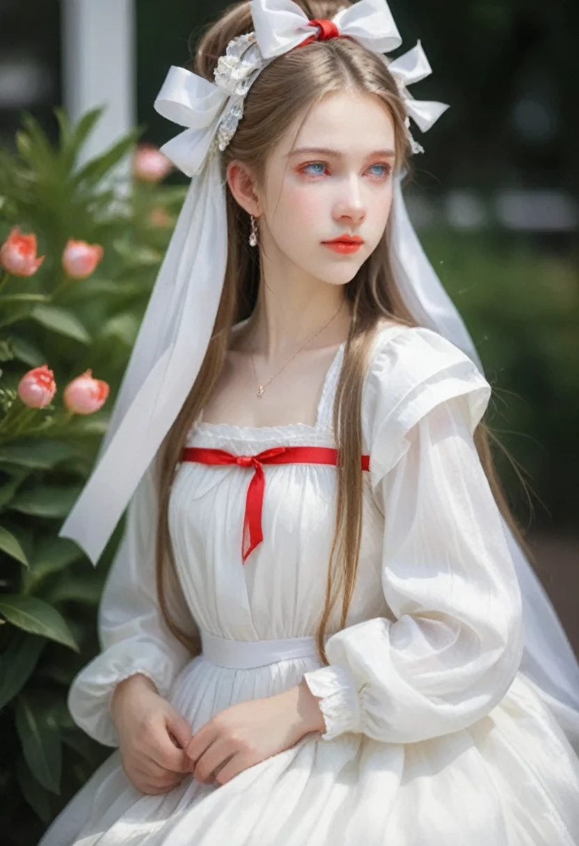 A girl with long hair and have white colour, she have a red eyes. And always wear a white dress like old dress like netherlands dress, have a ribbon in her hair. Elegant and beutiful