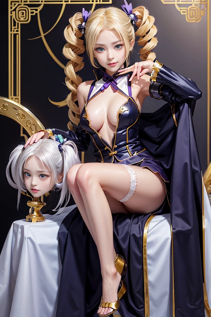 Highest quality Masterpiece 8K Super fine Beautiful face one girl realistic Perfect Human Anatomy The perfectly structured human hand ((Super Drill Twintails)) Platinum Blonde Hair Body Plump 18-year-old Shiny skin Slit eyes Thick makeup in Chinese style Narrow eyes Long eyelashes Cao Cao Warlene Awkward gaze An inappropriate smile Leather outerwear Transparent white lace inner Purple hair ribbon decorated with a gold skull slender Super big tits sfw