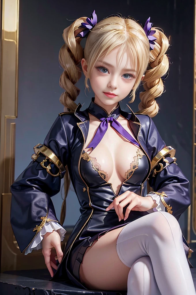 Highest quality Masterpiece 8K Super fine Beautiful face one girl realistic Perfect Human Anatomy The perfectly structured human hand ((Super Drill Twintails)) Platinum Blonde Hair Body Plump 18-year-old Shiny skin Slit eyes Thick makeup in Chinese style Narrow eyes Long eyelashes Cao Cao Warlene Awkward gaze An inappropriate smile Leather outerwear Transparent white lace inner Purple hair ribbon decorated with a gold skull slender Super big tits sfw