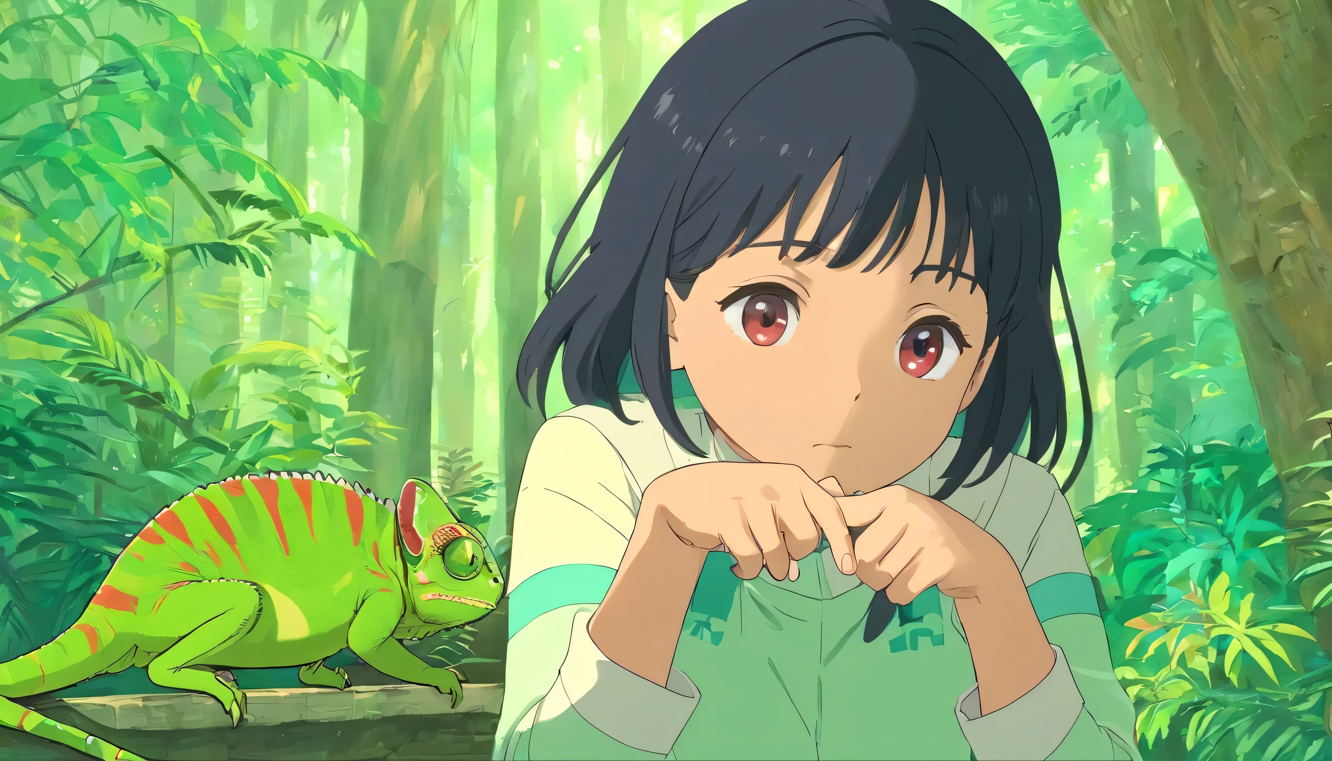 There is a chameleon on the approach to the forest, a chameleon on the hands of a black-haired high school girl, a chameleon on the palm of her hand, a sad expression Sitting in a triangular position with a sad expression and touching the chameleon's nose with an index finger, Angguru is at an up angle