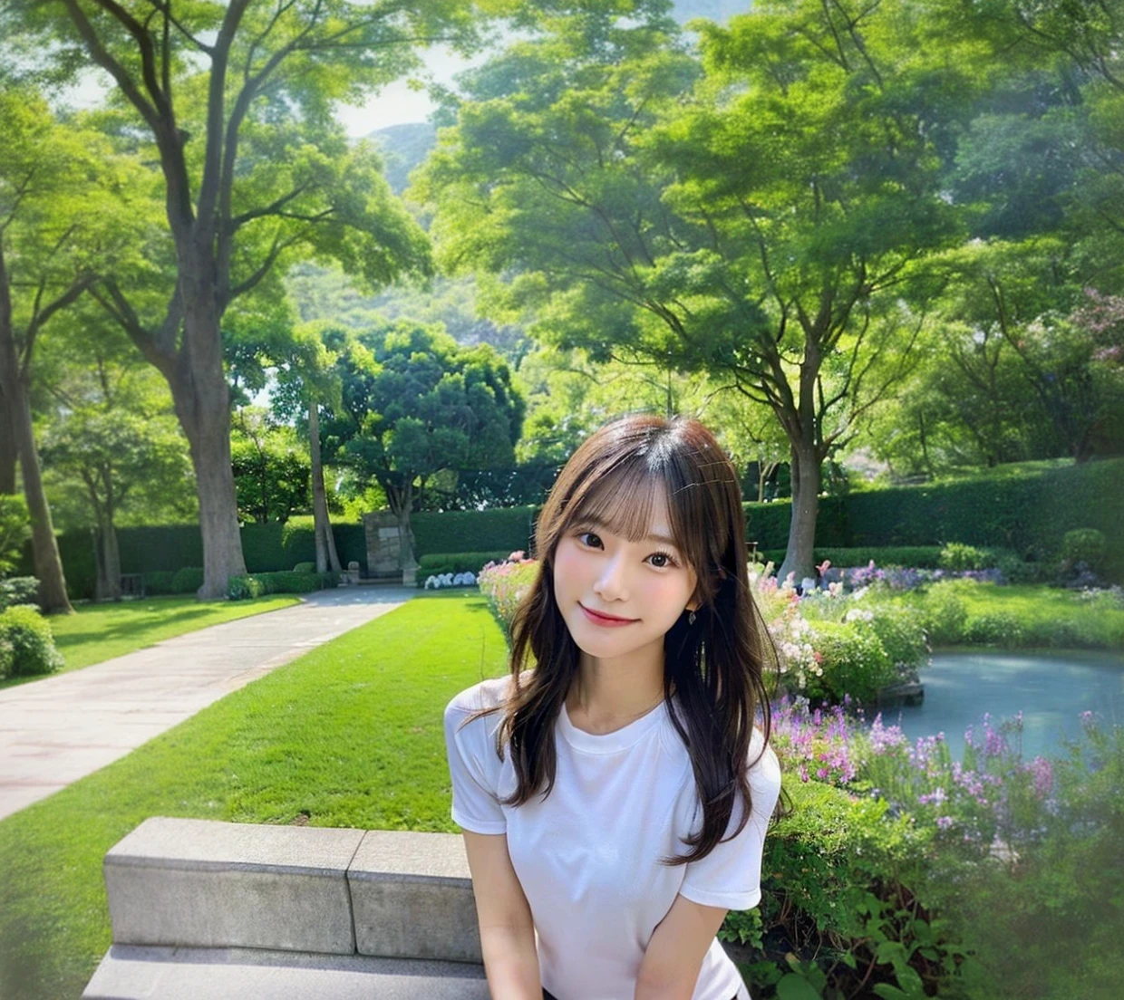 Best Quality, 1 beautiful Japanese woman, On a peaceful morning, a woman sits on a park bench, surrounded by the lush greenery of a well-kept garden. She takes a selfie with a serene smile, dressed in comfortable yet stylish workout gear, following a refreshing jog. The background showcases the tranquility of the park, with a scenic view of walking paths, flowering plants, and a distant fountain, reflecting a moment of relaxation and connection with nature