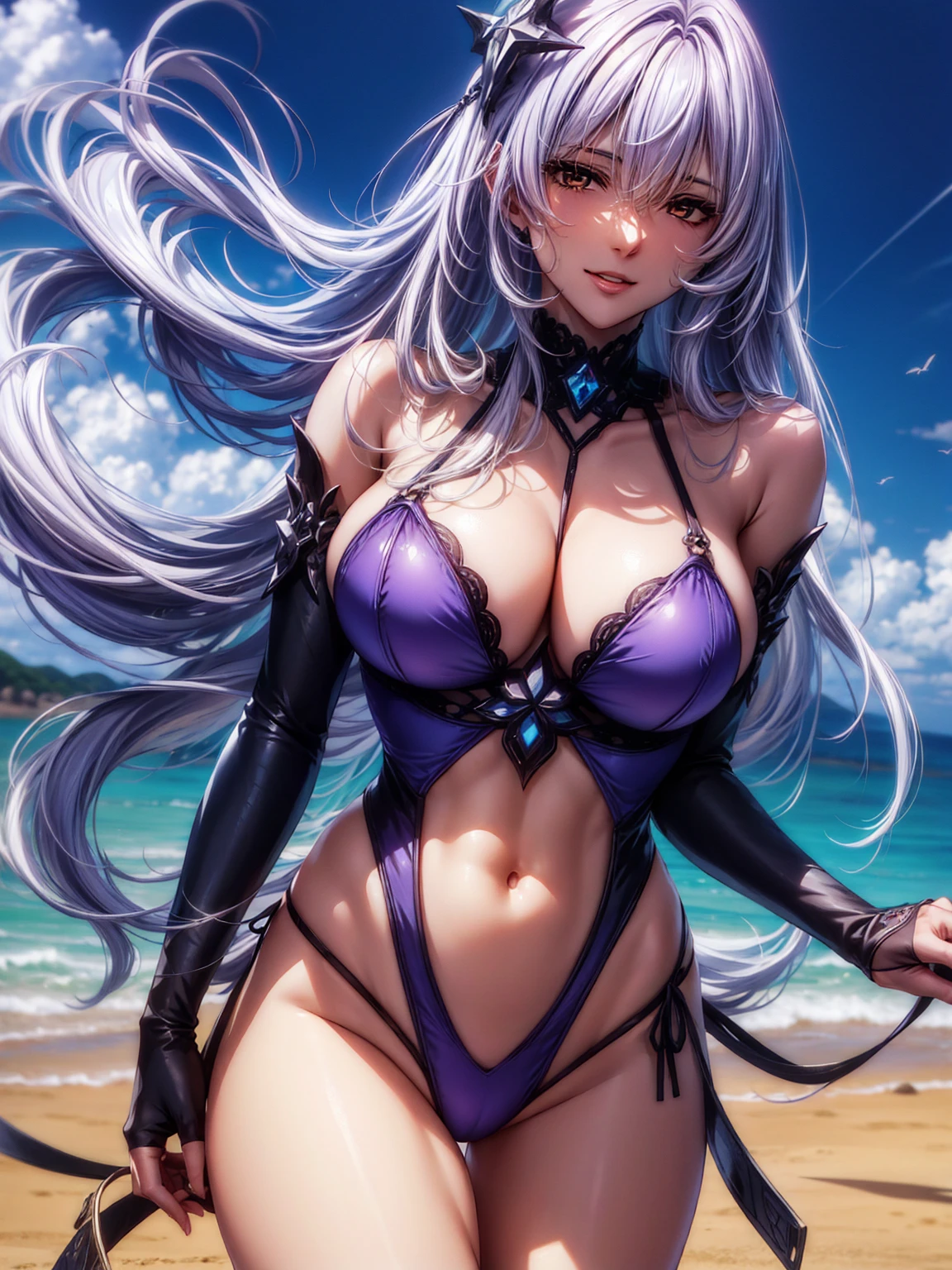 (top-quality、tmasterpiece、Very high resolution、super high image quality、High-quality pixels)、perfect eyes, perfect face, solo,8K, G cup breast,(Detailed description of hair), (Detailed description of face),(Detailed description of body), fair and clear skin, matchless beauty, long legged, facing the audience, professional photographic lighting,blackswan, black swan, hair between eyes, silver long hair, (purple gradient to yellow eyes:1.2), white hair, sharp face, mature face, BREAK cleavage, swimsuit,BREAK beach,sea,BREAK (cowboy shot:1.5),seductive ssmile