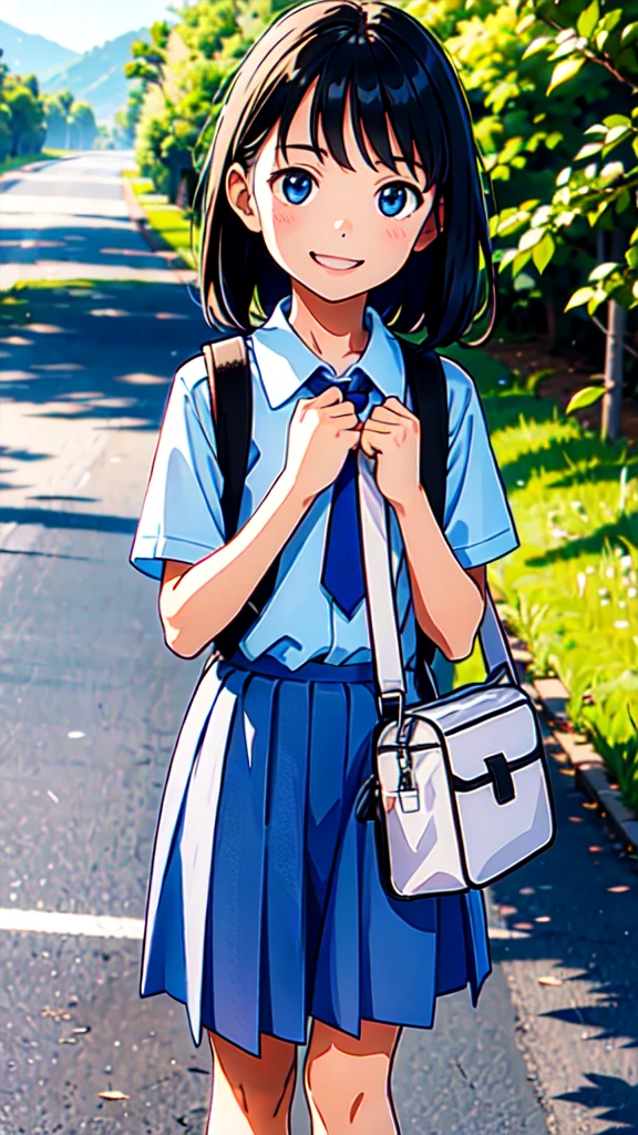 10 year old girl carrying school bag, summer country road, looking at viewer, smiling, spreading hands,Highest quality, masterpiece, RAW Photos,Super detailed，Realistic Background