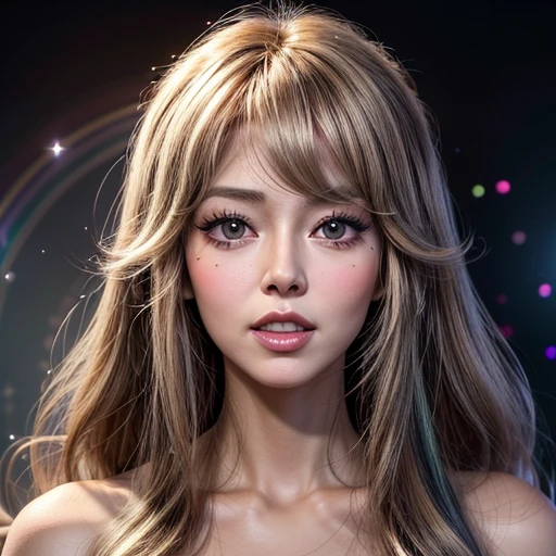 NSFW, 8k, High-level, absurd, masterpiece, best quality, primitive, very detailed CG, very detailed wallpaper, perfect lighting, Extremely detailed ((( personifying " Farrah Fawcett Majors " as a Little Girl))), MysticSight, Tyndall effect, Tyndall scattering, (Studio gray background with (Overflowing oodles Dazzling RainbowColorParticles (BokeH))), (RoundlyButts, ThighGap), (Exposed:0.4), (Assfocus with looking ahead) BREAK (Acutance:0.88), (NOGIZAKA face variations) Extremely Detailed very KAWAII face variations, perfect anatomy, Childish, CaptivatingGaze ElaboratePupils detailed Eyes with (sparkling highlights:1.28), (Voluminous LongEyelashes、GlossyRED Lips with beautiful details, RosyCheeks, Radiant PearlSkin with Transparency . { (Dynamic LifeLike expressions:1.4) | :d) }, (large eyes:-1) .