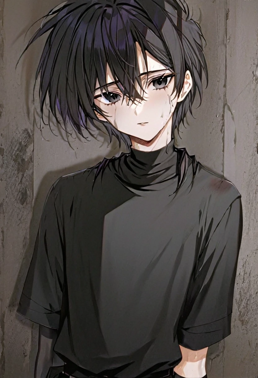 1male,twenties,australian,goth,heavy black eyeliner, messy black hair, black shirt