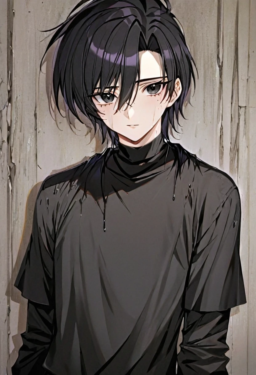 1male,twenties,australian,goth,heavy black eyeliner, messy black hair, black shirt 