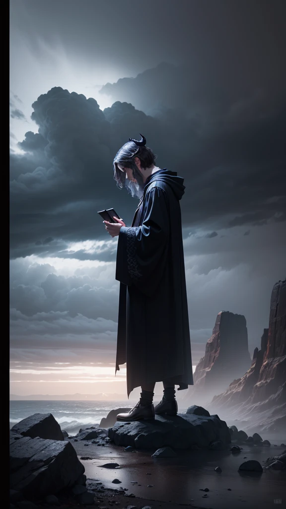 Satan, cunning and envious, observing Job from a distance, ancient biblical times, dark and ominous robes, in a shadowy realm, plotting against Job, a stormy and foreboding landscape in the background, medium shot, hyper-realistic, photo realism, cinematography --