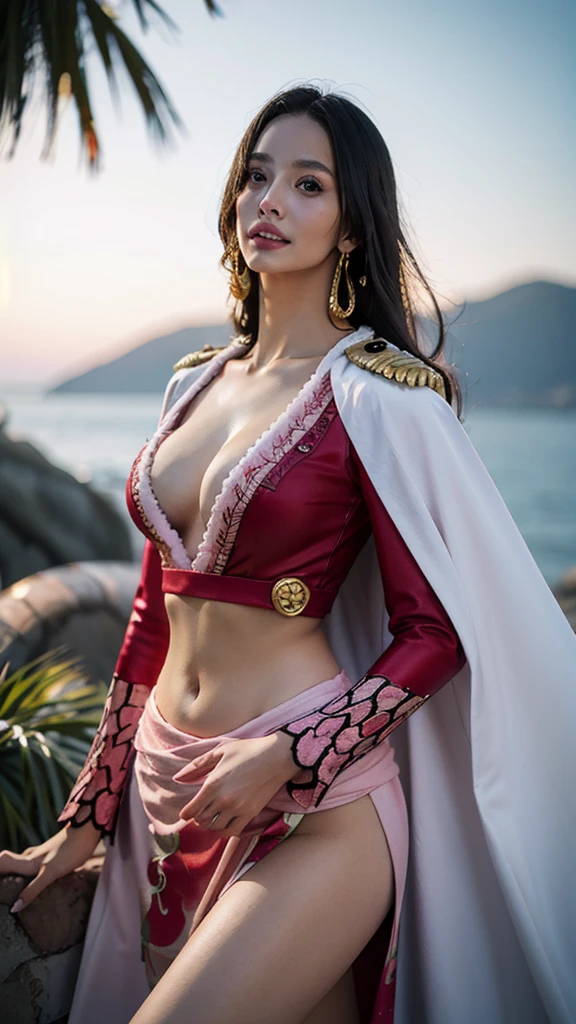 Nikon RAW photo, Fujifilm XT3, (detailed, 21 years old young lady captain, big eyes, snake golden earring, looking away), sensual, (ultra detailed), 8k, 4k, intricate, upper_body, detailed_face, best lighting, outdoors, makeup, bleach background, low rise,(masterpiece, best quality:1.4), (face focus:1.5), outside, (near the sea), 1girl, solo, hancock1, 1girl, boa hancock, big breasts, cleavage, long hair, epaulettes, cape, (white cape:1), crop top, long sleeves, side slit, (european youth woman:1), looking at viewer, beautifull smile, beautiful face, highly detailed face, highly detailed eyes, subsurface scattering, realistic pupils, full face blush, full lips, detailed background, depth of field, volumetric lighting, sharp focus, absurdres, realistic proportions, (realistic, hyperrealistic:1.4), 16k hdr, upper body, standing, idle, thigh, hands