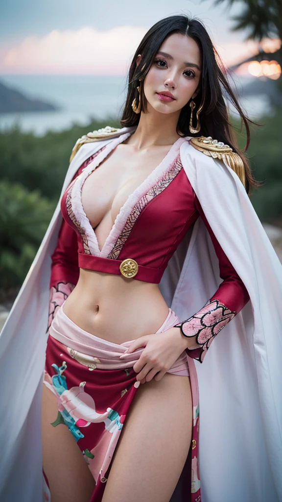 Nikon RAW photo, Fujifilm XT3, (detailed, 21 years old young lady captain, big eyes, snake golden earring, looking away), sensual, (ultra detailed), 8k, 4k, intricate, upper_body, detailed_face, best lighting, outdoors, makeup, bleach background, low rise,(masterpiece, best quality:1.4), (face focus:1.5), outside, (near the sea), 1girl, solo, hancock1, 1girl, boa hancock, big breasts, cleavage, long hair, epaulettes, cape, (white cape:1), crop top, long sleeves, side slit, (european youth woman:1), looking at viewer, beautifull smile, beautiful face, highly detailed face, highly detailed eyes, subsurface scattering, realistic pupils, full face blush, full lips, detailed background, depth of field, volumetric lighting, sharp focus, absurdres, realistic proportions, (realistic, hyperrealistic:1.4), 16k hdr, upper body, standing, idle, thigh, hands
