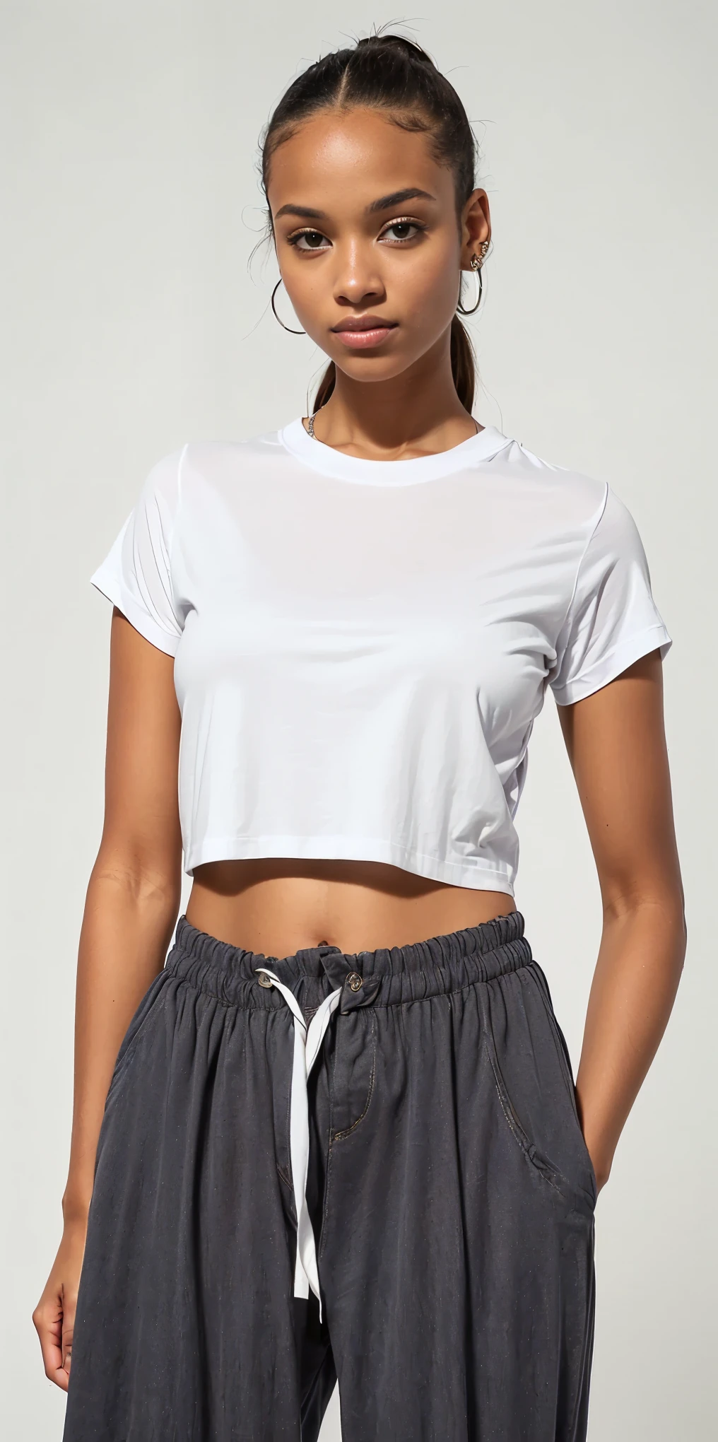 a woman wearing a white corte superior and grey sweatpants, corte superior, corte superior, com camiseta rasgada, wearing corte superior, vestindo um top cortados, barriga exposta, vestindo um top cortado, Topo branco, camiseta branca, usando um top cropped sexy, plain camiseta branca, Roupa casual, wearing a corte superior, vestido com uma camiseta branca