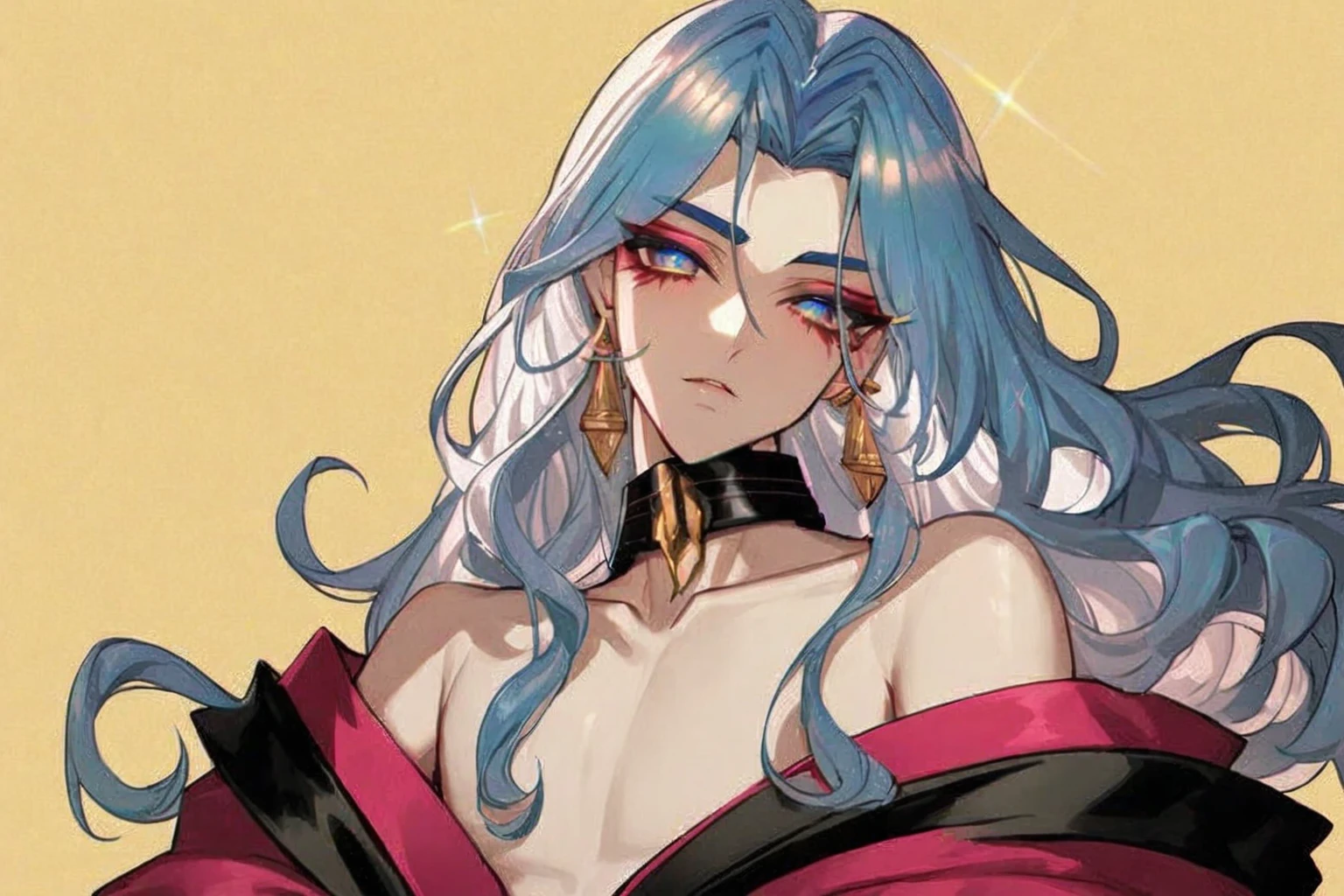altmer, pretty boy, male, anime guy, male, soft features, dollish eyelashes, portrait, long wavy hair, smoky eyes, egyptian eyeliner, lithe, off-shoulder male kimono, stand collar, richly patterned brocade, ostentatious brocade robes, glamorous, gorgeous, stunning eyes, jewelry, veils, golden skin, dewy skin, bjd, glossy eyelids, vibrant, pointy chin, v shaped jaw, iridescent,