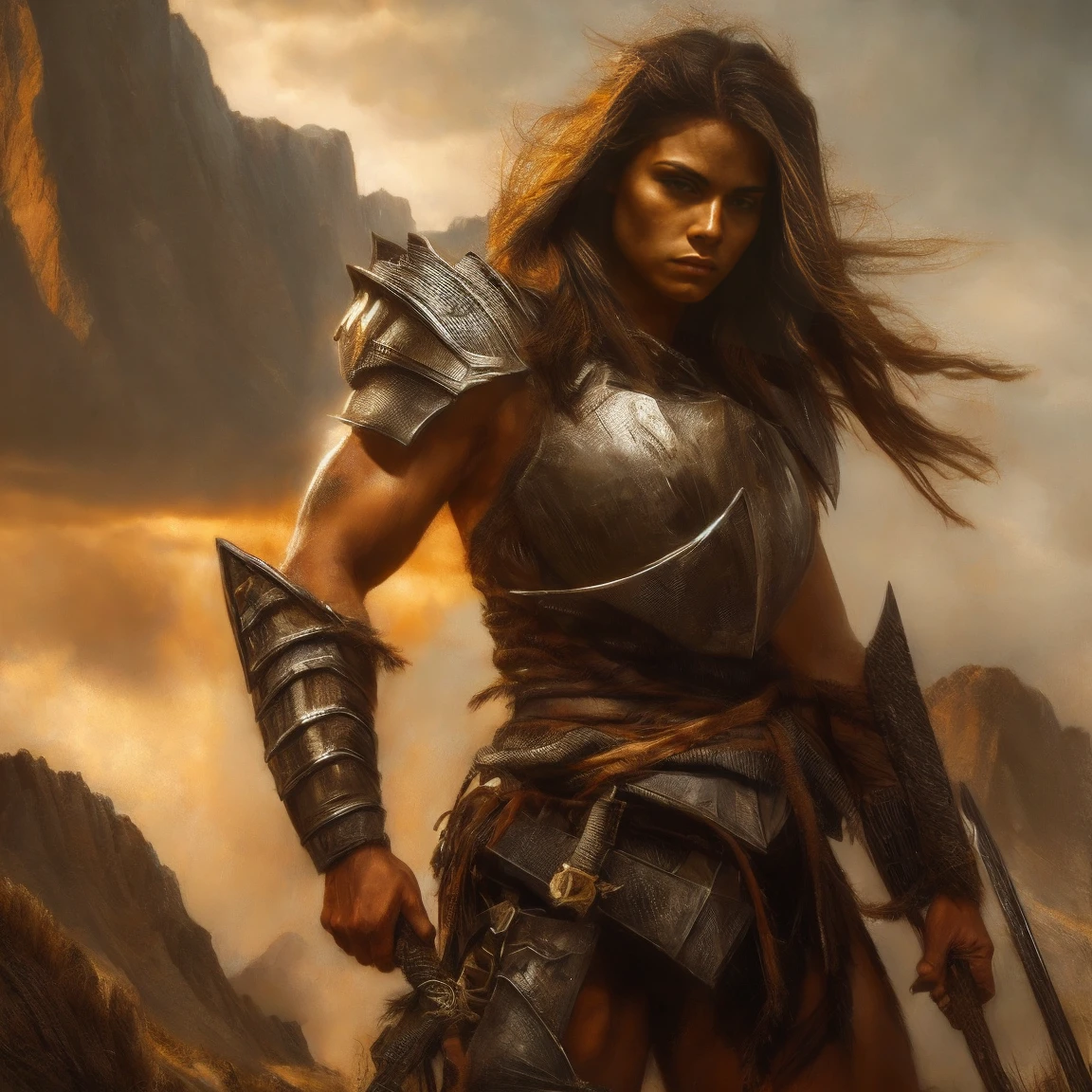 The protagonist, a fearless warrior, stands in a dominant posture, her unwavering gaze piercing through the camera lens. In this breathtaking painting, she exudes strength and determination, with muscles taut and hair flowing in the wind. His battle-worn armor shines in the sunlight, reflecting the scars of countless victories. The detailed brushstrokes capture every nuance of her expression, from the steely determination in her eyes to the resolute set of her jaw. This stunning portrait immerses viewers in the protagonist's unwavering determination, showing the essence of a true hero.