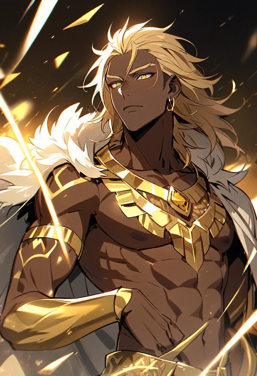 Handsome, solo, 1 male, African man,(((brown skin))), short wild golden hair,  yellow eyes, no shirt, tattoed golden arms white lion cloak, king posture