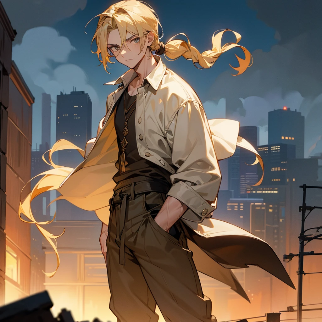 1male, young adult, finely detailed hazel eyes, dirty blonde hair, braided side ponytail, scars, casual clothing, standing on ruined building, night time, serious expression, muscular