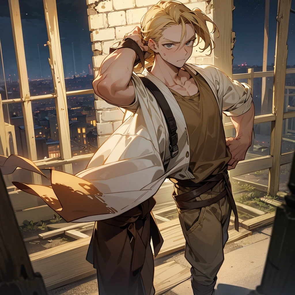 1male, young adult, finely detailed hazel eyes, dirty blonde hair, braided side ponytail, scars, casual clothing, standing on ruined building, night time, serious expression, muscular