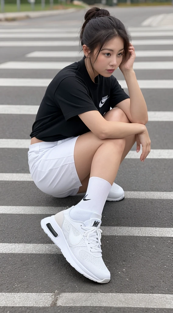 All white high socks with the black Nike logo on the socks