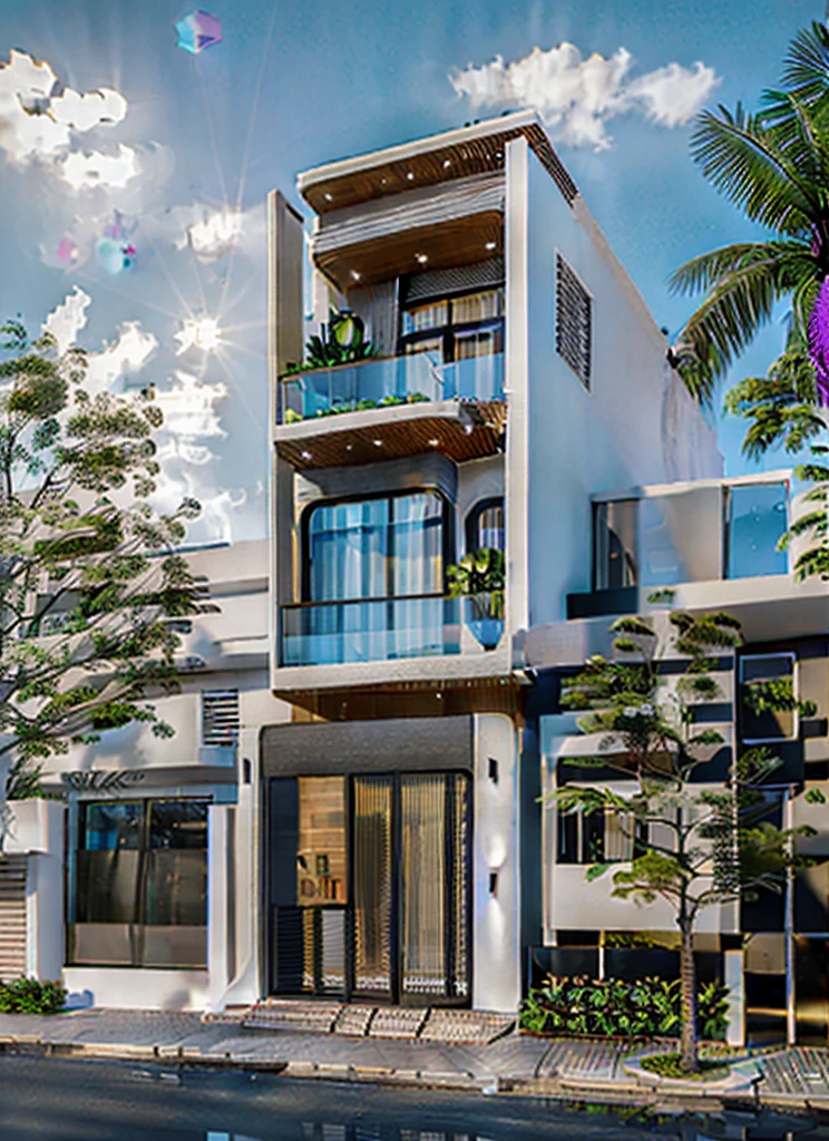 a render vray of a tall townhouse, (roof slat wooden detail:1.1), (white wall:1.2), modern exterior, with a plant on the top of it, frontview, elevation view, front-view, front elevation view, mid-view, modern lush condo as shopfront, front perspective, complete house, front view, overall architectural design, street elevation, 3/4 view from below, The ambient lighting highlights the textures and details, creating a stock photo-like atmosphere, best quality, (((Best Quality: 1.1))), ((Super Detail: 1.1))(straight strokedetail:1.3), (Intricate lines:1.1), ((Photorealism:1.1)),(((hyper detail:1.1))), archdaily, award winning design, (dynamic light:1.5), (day light:1), (perfect light:1.5), (shimering light :1.5), refection glass windows, trees, beautiful sky, photorealistic, FKAA, TXAA, RTX, SSAO, Post Processing, Post-Production, CGI, VFX, SFX, Full color,((Unreal Engine 5)), Canon EOS R5 Camera + Lens RF 45MP full-frame CMOS sensor, HDR, Realistic,8k,((Unreal Engine 5)), Cinematic intricate detail, extreme detail, science, hyper-detail, FKAA, super detail, super realistic, crazy detail, intricate detail, nice color grading, reflected light on glass, eye-catching wall lights, unreal engine 5, octane render, cinematic, trending on artstation, High-fidelity, Viwvid, Crisp, Sharp, Bright, Stunning, ((Lifelike)), Natural, ((Eye-catching)), Illuminating, Flawless, High-quality,Sharp edge rendering, medium soft lighting, photographic render, detailed archviz