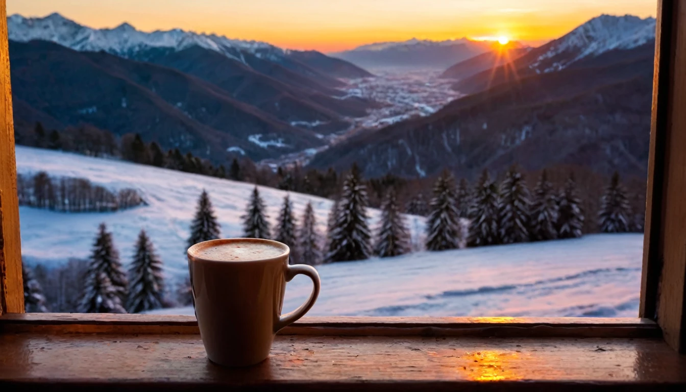 1 cup of hot coffee in the foreground, sunset, winter mountain landscape in the background as window view
