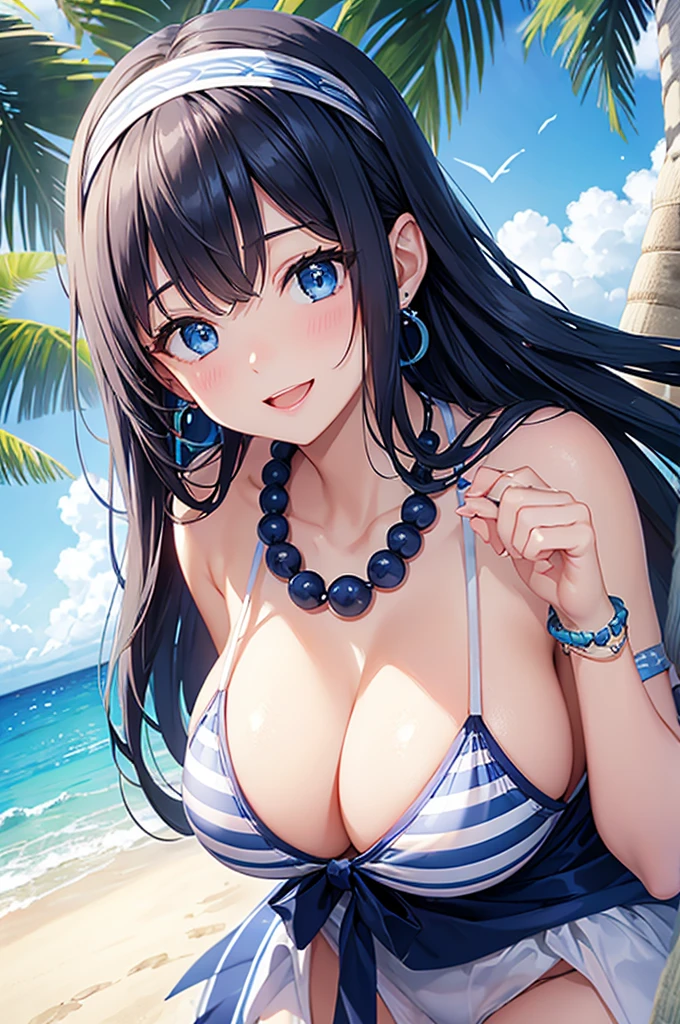 Highest quality、Highest quality、masterpiece、Beauty、Navy blue long hair、blue eyes、Sexy white bikini(Dark striped pattern)、Big cleavage、(Big Breasts),smile、blue necklace、Blue Earrings、background(Beach)、Please open your mouth wide、White headband、bracelet、A dynamic pose