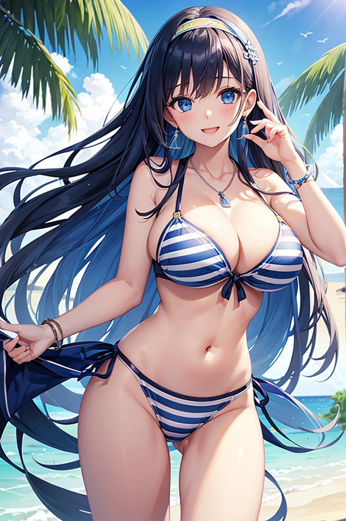 Highest quality、Highest quality、masterpiece、Beauty、Navy blue long hair、blue eyes、Sexy white bikini(Dark striped pattern)、Big cleavage、(Big Breasts),smile、blue necklace、Blue Earrings、background(Beach)、Please open your mouth wide、White headband、bracelet、A dynamic pose