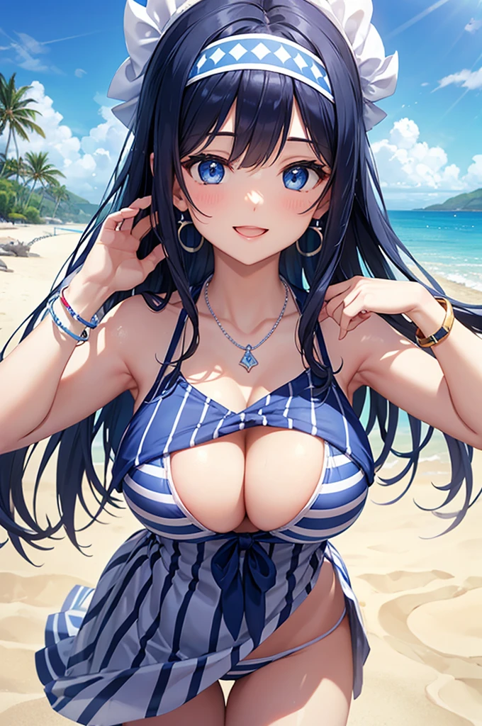 Highest quality、Highest quality、masterpiece、Beauty、Navy blue long hair、blue eyes、Sexy white bikini(Dark striped pattern)、Big cleavage、(Big Breasts),smile、blue necklace、Blue Earrings、background(Beach)、Please open your mouth wide、White headband、bracelet、A dynamic pose