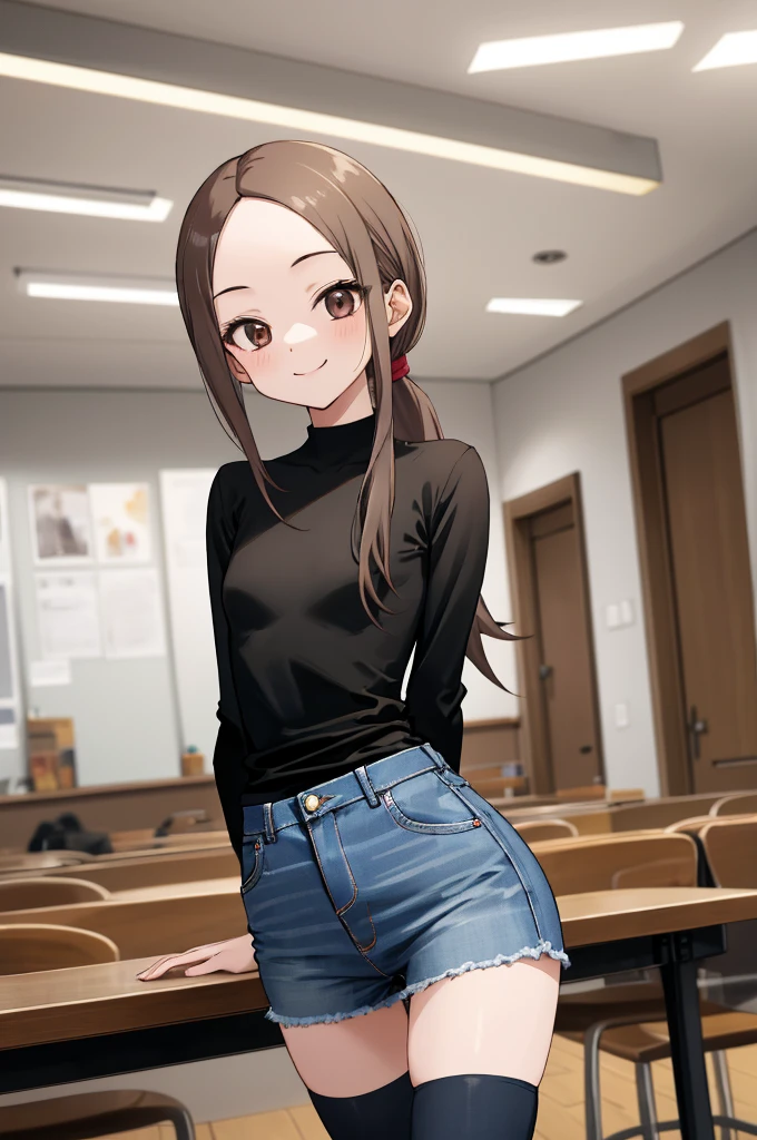 masterpiece, best quality, ultra highres, 1girl, ), long hair, low ponytail, , plain black shirt, long sleeves, miniskirt,thighhighs,(petite), jeans, indoors, 
skinny arms, slim body, skinny girl, skinny hips, narrow torso, thin torso,looking viewr,smile,small breasts