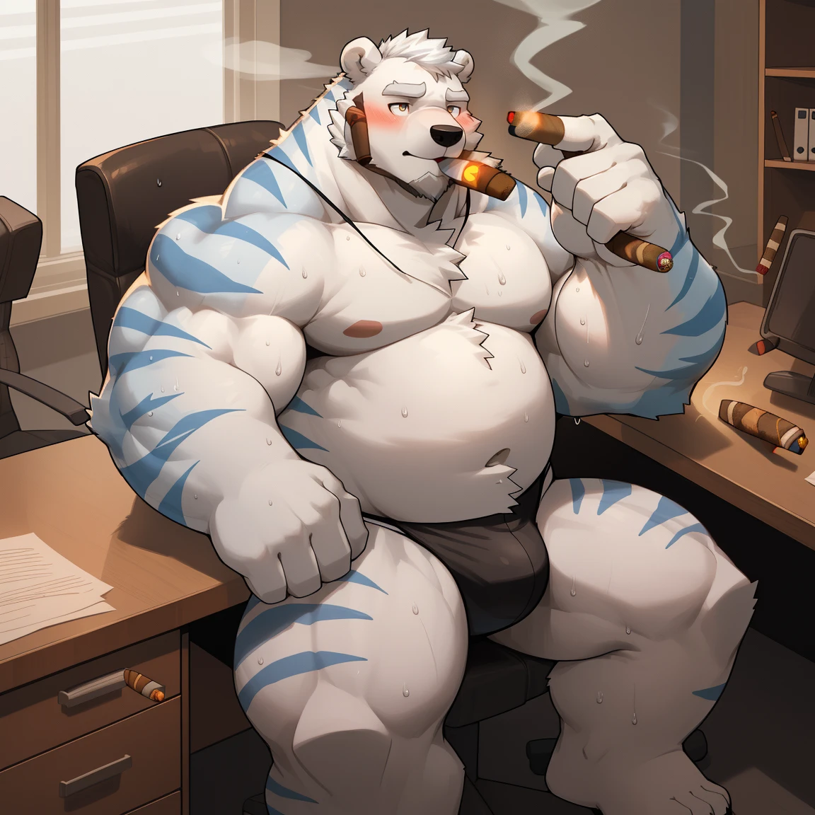 masterpiece, best quality, 8k resolution, Very detailed, hairy,(((polar bear)),(((Mature))),(((beard))),(((Strong))),(((White hair all over body))),portrait,(((White hair))),(((body blue stripes))),(((office))),For the audience,(((Shirtless))),Highest quality scene,Solitary,solitary,(((whole body))),(((Sweating))),(((sit on the chair))),(((Desk))),(((Shirtless))),((Fat-enclosed muscle)),(((thong))),((Blushing)),(((Round face))),(((alone))),(((Strong body))),(((Hip bulge))),(((Cigar in hand)))
