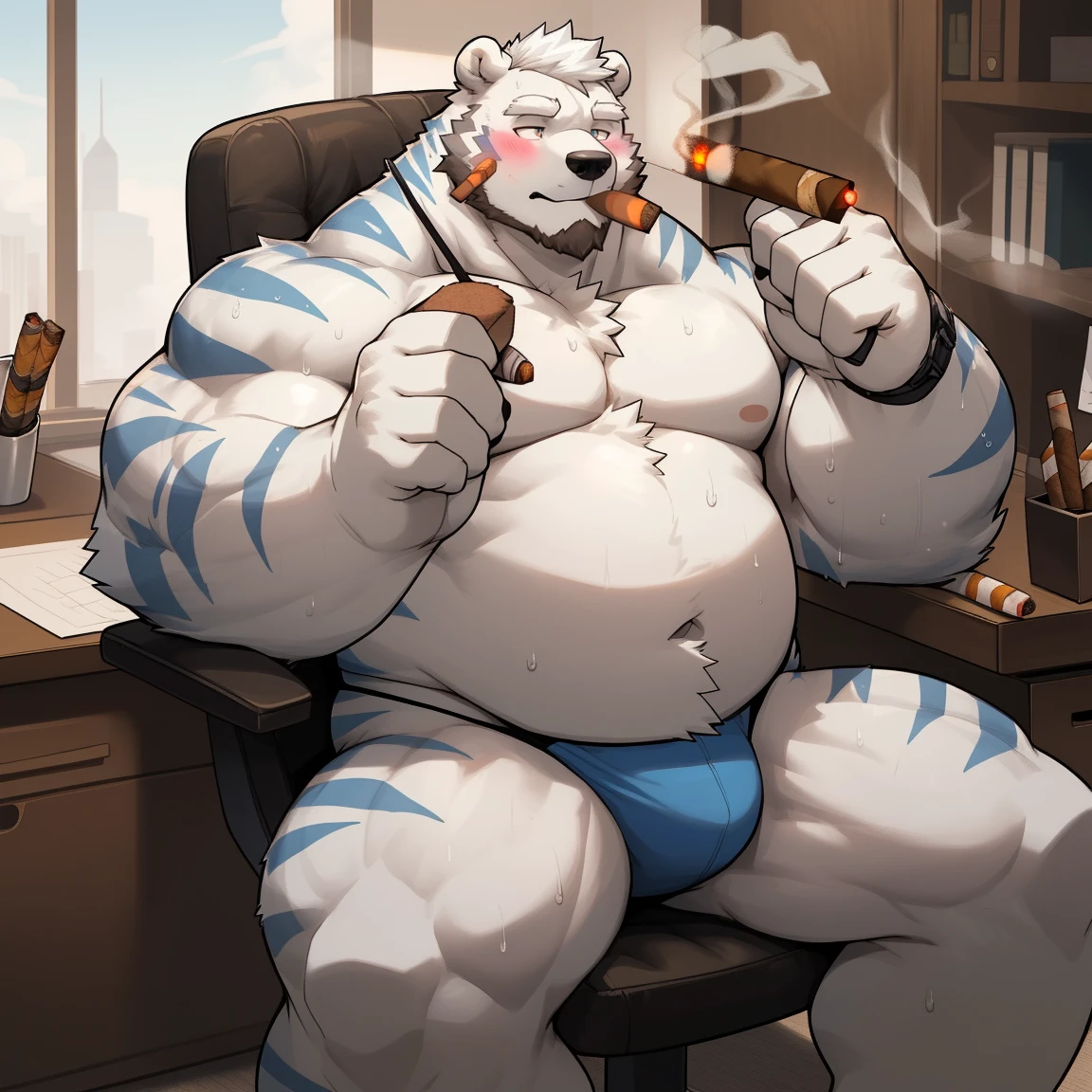 masterpiece, best quality, 8k resolution, Very detailed, hairy,(((polar bear)),(((Mature))),(((beard))),(((Strong))),(((White hair all over body))),portrait,(((White hair))),(((body blue stripes))),(((office))),For the audience,(((Shirtless))),Highest quality scene,Solitary,solitary,(((whole body))),(((Sweating))),(((sit on the chair))),(((Desk))),(((Shirtless))),((Fat-enclosed muscle)),(((thong))),((Blushing)),(((Round face))),(((alone))),(((Strong body))),(((Hip bulge))),(((Cigar in hand)))