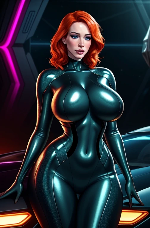 a ginger haired woman, Christina Hendricks, alluring 48 year old woman, in a wild and wet space scene, beautiful detailed eyes, beautiful detailed lips, extremely detailed eyes and face, long eyelashes, High-quality facial research of Christina Hendricks, (Christina's sculpted cheekbones and slight wrinkles around the face), High-quality detailed research of Christina Hendricks voluptuous figure, dramatic pose, dynamic action, futuristic sci-fi environment, glowing lights, neon colors, cinematic lighting, photorealistic, 8k, best quality, masterpiece, ultra-detailed, physically-based rendering, see-through clothing