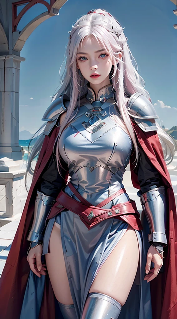 photorealistic, high resolution, 1women, shining skin, solo, hips up, tattoo, jewelry, pink lips, long white hair, blue eyes, closed mouth, castle, full armor, red armor, armored skirt, cloak,