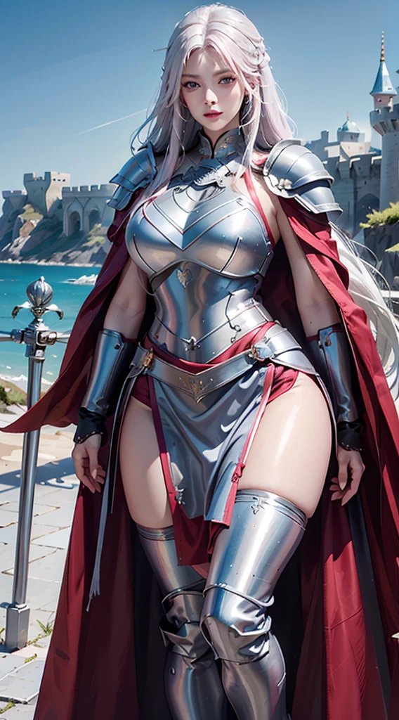 photorealistic, high resolution, 1women, shining skin, solo, hips up, tattoo, jewelry, pink lips, long white hair, blue eyes, closed mouth, castle, full armor, red armor, armored skirt, cloak,