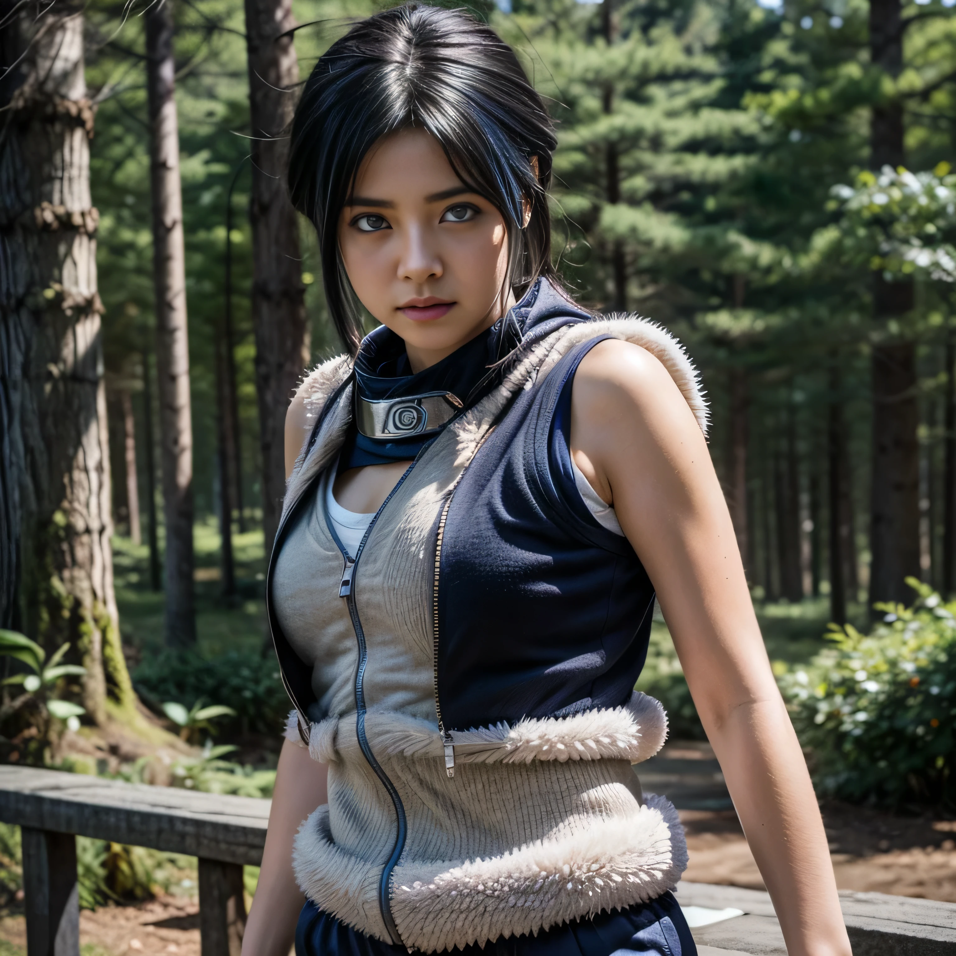 photorealistic, masterpiece, photorealistic, high resolution, soft light, hips up, cunt up, grey brighten eyes, blue hair, long hair, Intricate details EABA, vest, white vest, pants, Ninja, Armor, Member belongs to Division 5, Hinata Hyuga, Konoha forest
