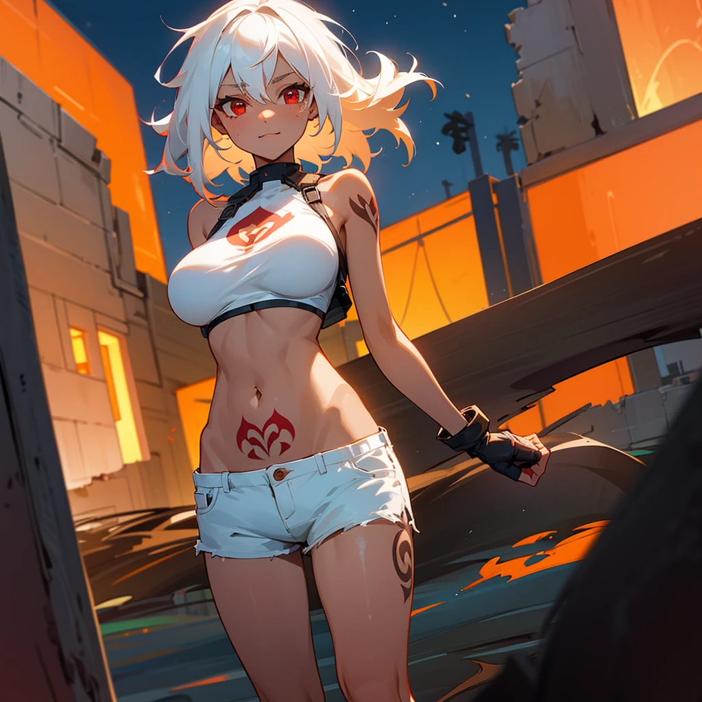 1female, young adult, tan skin, big breast, finely detailed red eyes, messy medium hair, white hair, crop top, shorts, standing on ruined building, night time, excited expression, tattoos