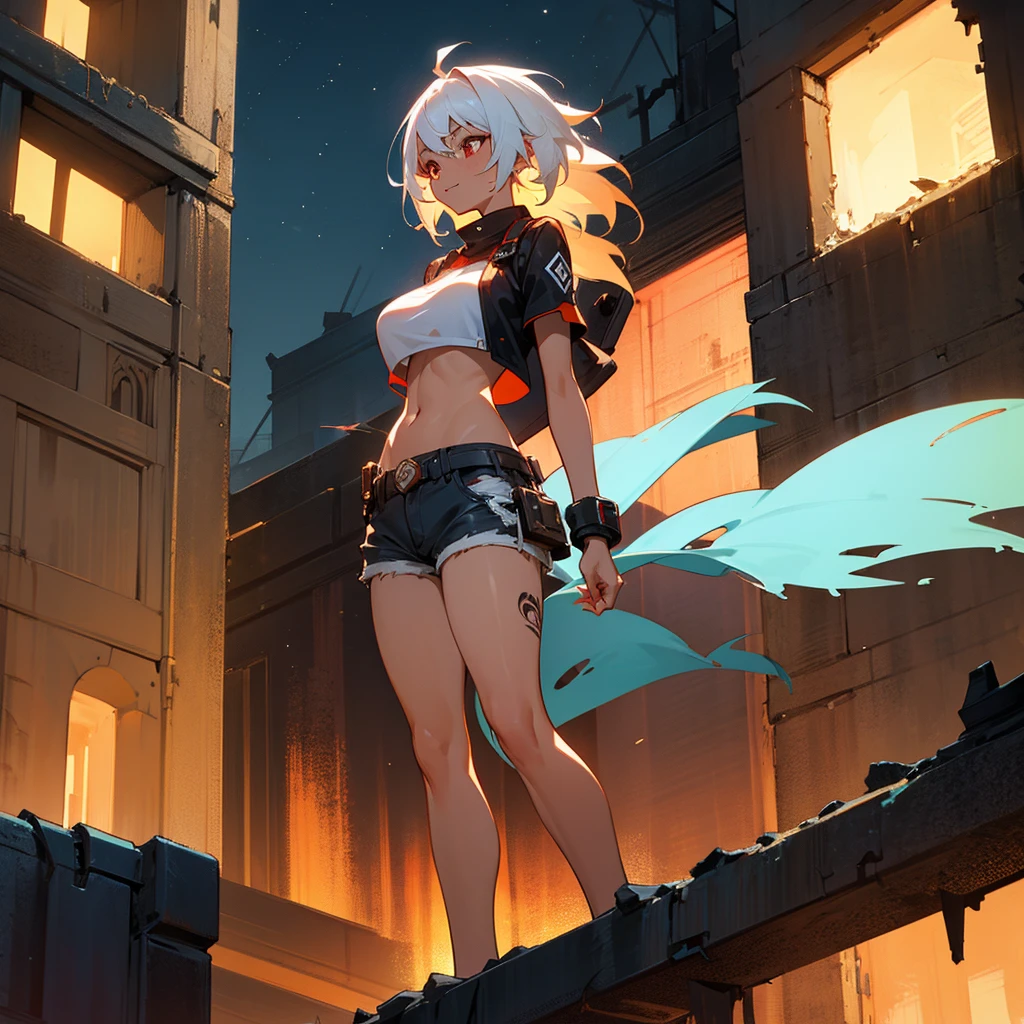 1female,  adult, tan skin, big breast, finely detailed red eyes, messy medium hair, white hair, crop top, shorts, standing on ruined building, night time, excited expression, tattoos