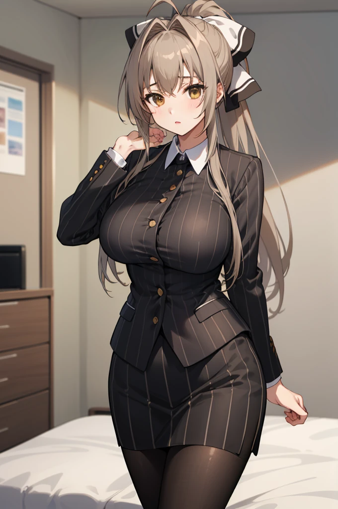 masterpiece, best quality, highres, aaisuzu, 1girl, ponytail, hair bow, brown eyes, pinstripe suit, black suit, collared shirt, pinstripe skirt, black pantyhose, cowboy shot, standing, office, looking at viewer,huge breasts,open shirts,on bed