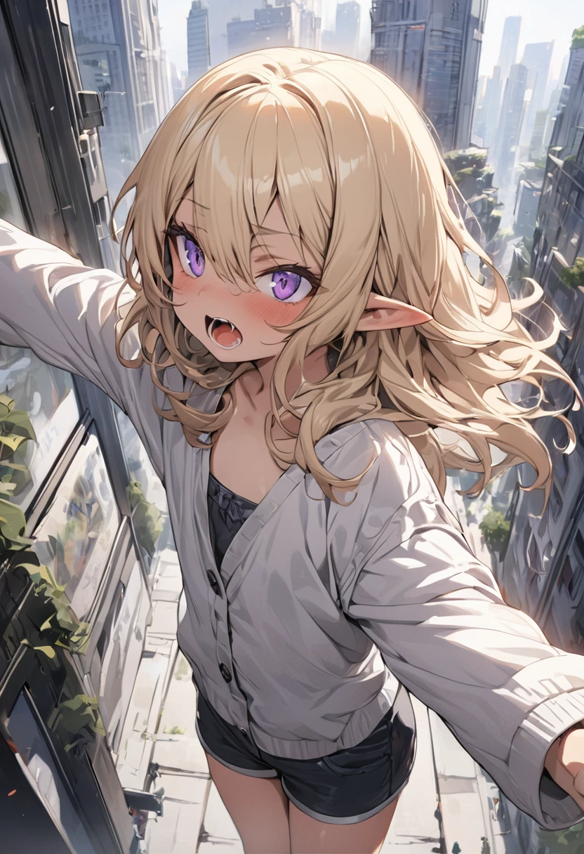 ((Masterpiece)), ((best quality)), (Anime:1.4), (super detail:1.2), (High Definition:1.3), (Professional Photography:1.3), (wide shot), (sharp focus), (perfect light), ((12 years old)), (1girl), cute young girl, from side, (Screaming face), open mouth, (Beautiful purple eyes:1.2), (dark skin), elf girl, wear a long cardigan, flat chest, slim body, (reaching arm), (very long bangs:1.3), unruly hair, (medium hair), ((beautiful blond hair)), shortpants, BREAK, ((best quality)), narrow gap between tall buildings, (super detail:1.2),