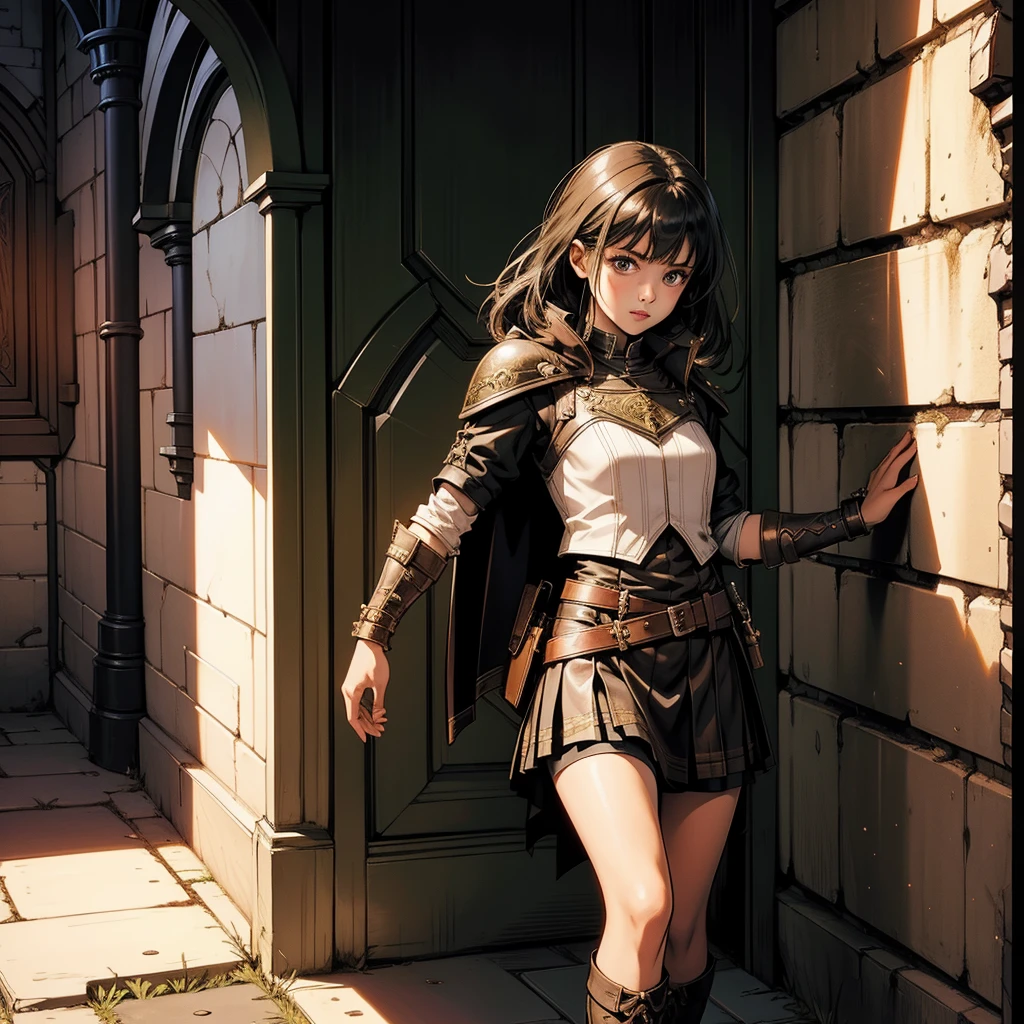 最high quality、high quality、Leather clothing and skirts、１０Year-old girl adventurer、Climb the stairs of the underground dungeon、Equipped with a dagger and a leather shield、dim