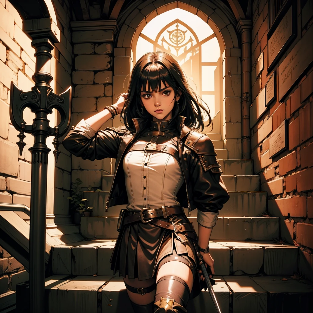 最high quality、high quality、Leather clothing and skirts、10Year-old girl adventurer、Climb the stairs of the underground dungeon、Equipped with a dagger and a leather shield、dim