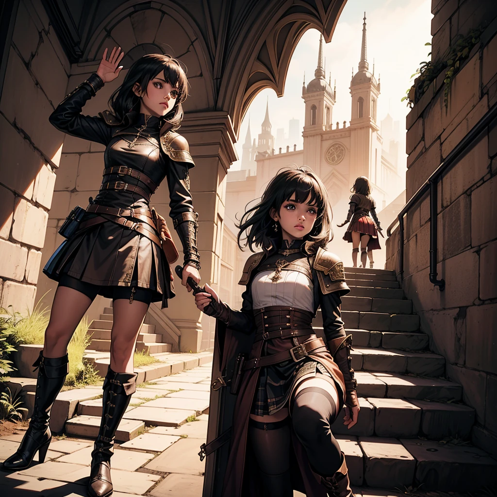 最high quality、high quality、Leather clothing and skirts、10Year-old girl adventurer、Climb the stairs of the underground dungeon、Equipped with a dagger and a leather shield、dim