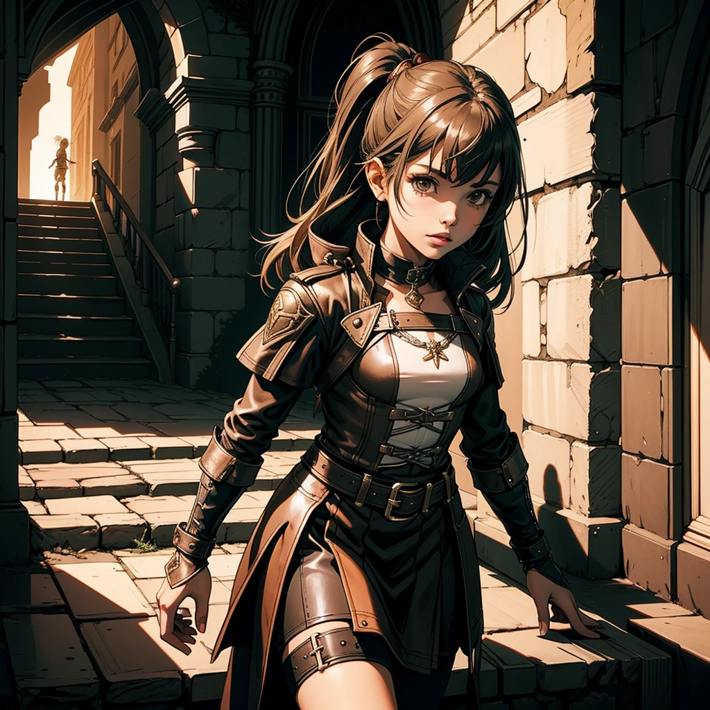 最high quality、high quality、Leather clothing and skirts、１０Year-old girl adventurer、Climb the stairs of the underground dungeon、Equipped with a dagger and a leather shield、dim