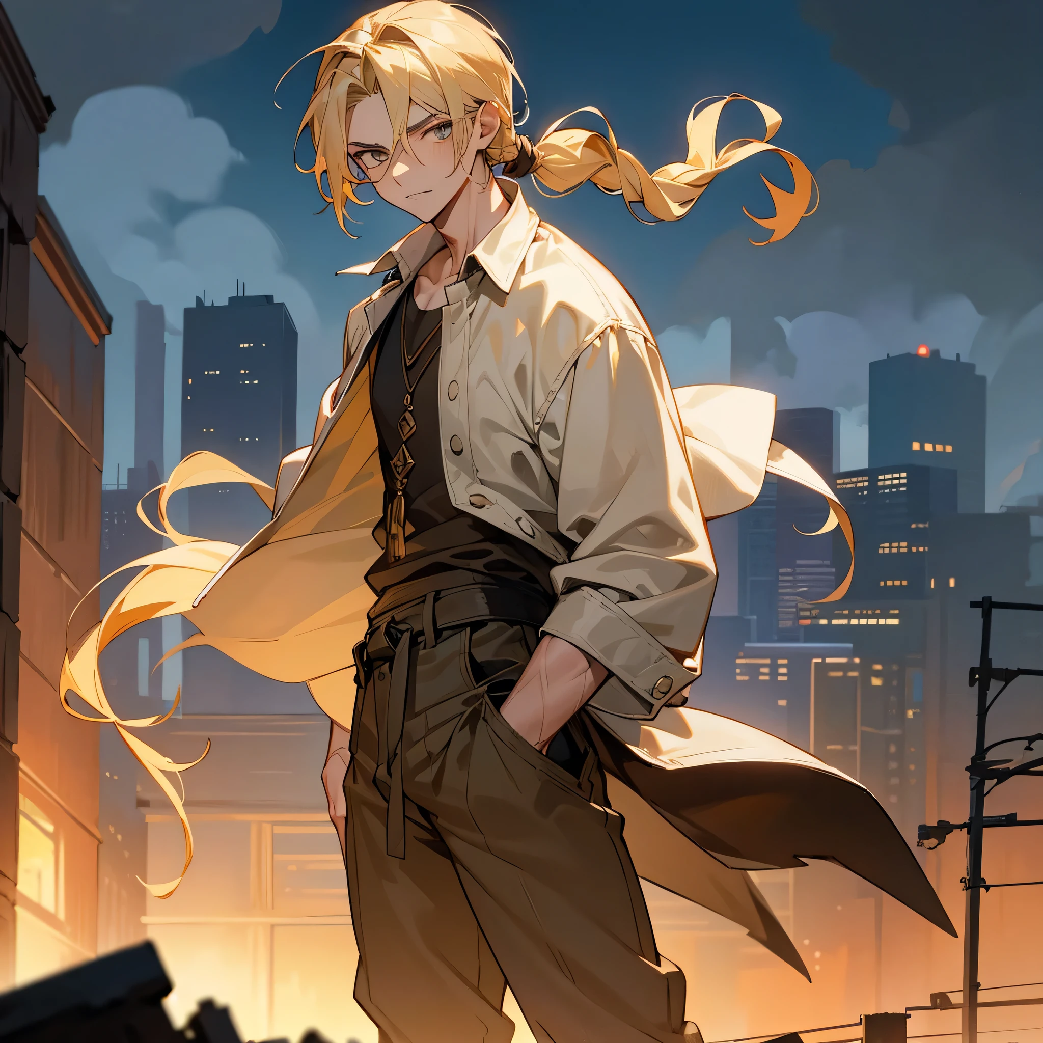 1male, young adult, finely detailed hazel eyes, dirty blonde hair, braided side ponytail, scars, casual clothing, standing on ruined building, night time, serious expression, muscular 