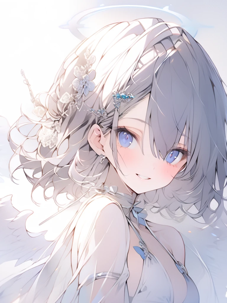 beautiful, masterpiece, Highest quality, anime, One girl, C Cup,Portrait Shot, View your viewers, Intricate details,>,((Covered、Short Hair、nearby、Blue Eyes、art、、White hair,Blue streaked hair、wallpaper、、white_Silk gloves、hairpin、smile、Angel、Thighs、Halo、white_Silk knee-highs、whole body、white_Silk Bikini、