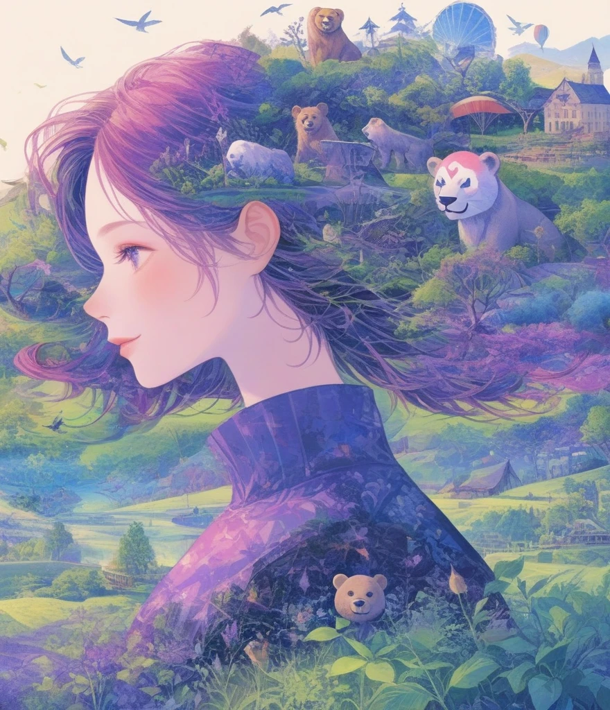 (Panorama, center, masterpiece, Highest quality: 1.2), Fantasy illustration of a boy wearing a clown mask with a big red nose and a circus tent, Lion, bear, Big Circus, Clown performing magic, Evoke the magic of the circus. In purple hues, The background blends in with his hair., Creates an atmosphere of tranquility、Create harmonious compositions that capture the beauty of nature。. This illustration symbolizes the harmony between humans and the environment., Focus on the face，((Ultra high color saturation，Vibrant colors))